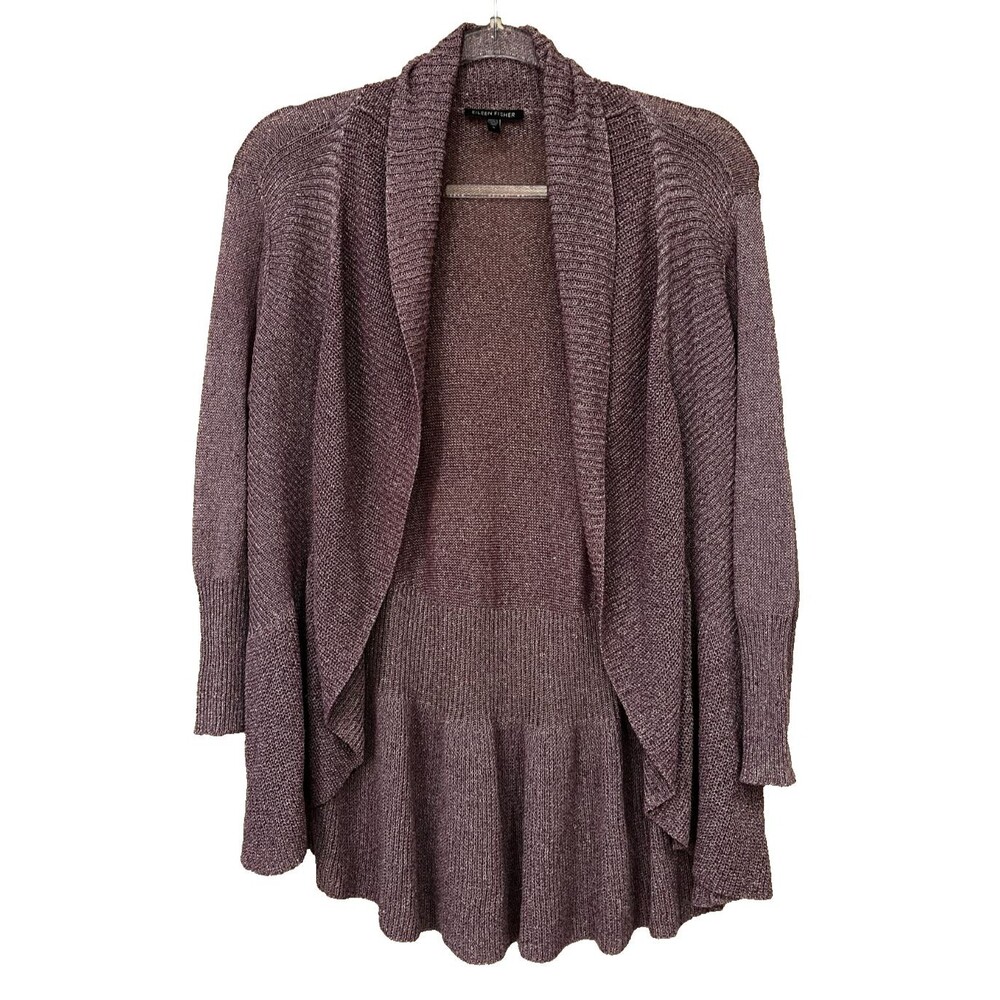 Eileen Fisher Size S Open Front Cardigan Italian Yarn Linen Blend Purple Knit